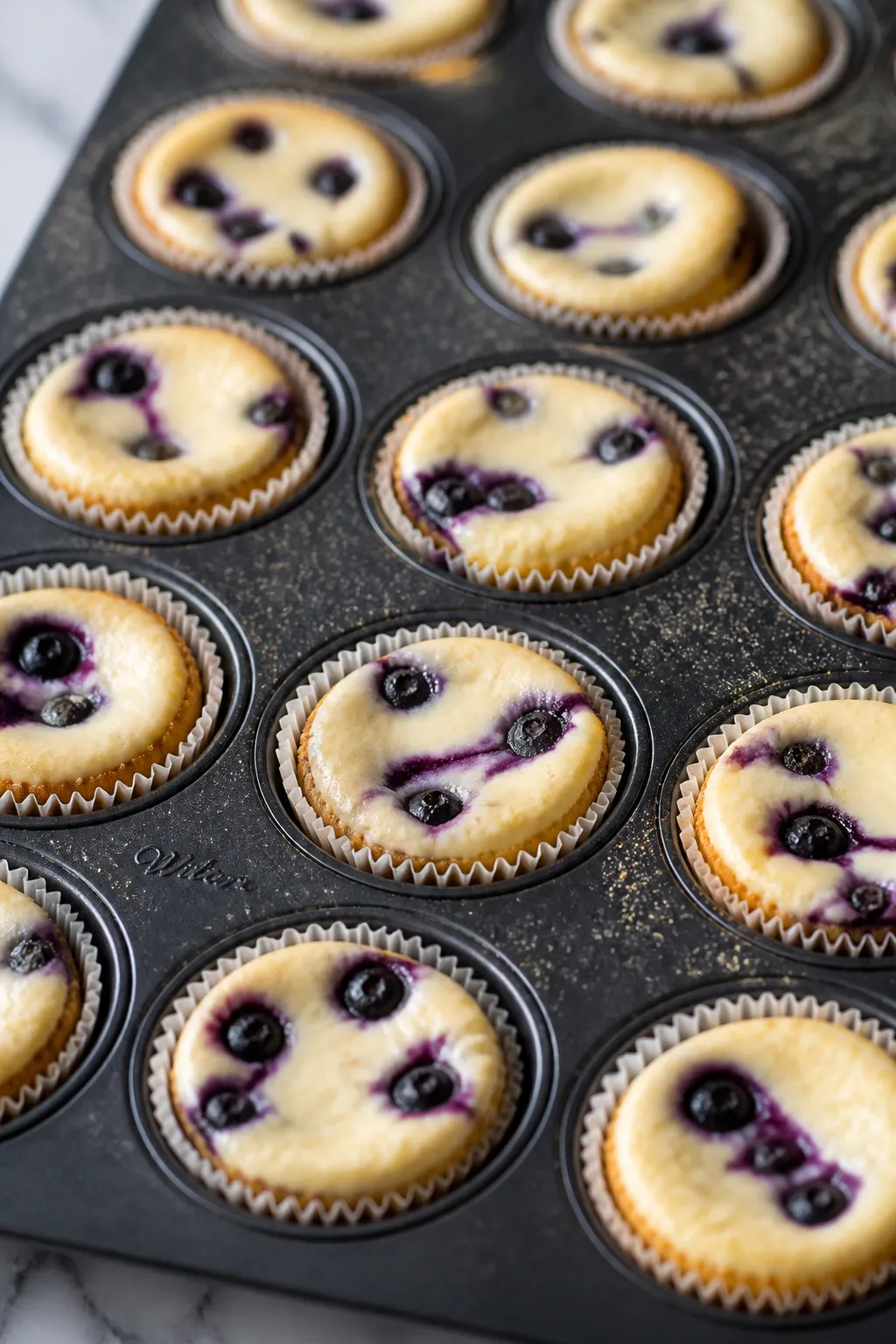 Close-up detail, cooking process: Mini keto blueberry cheesecake bites just out of the oven in a 24-