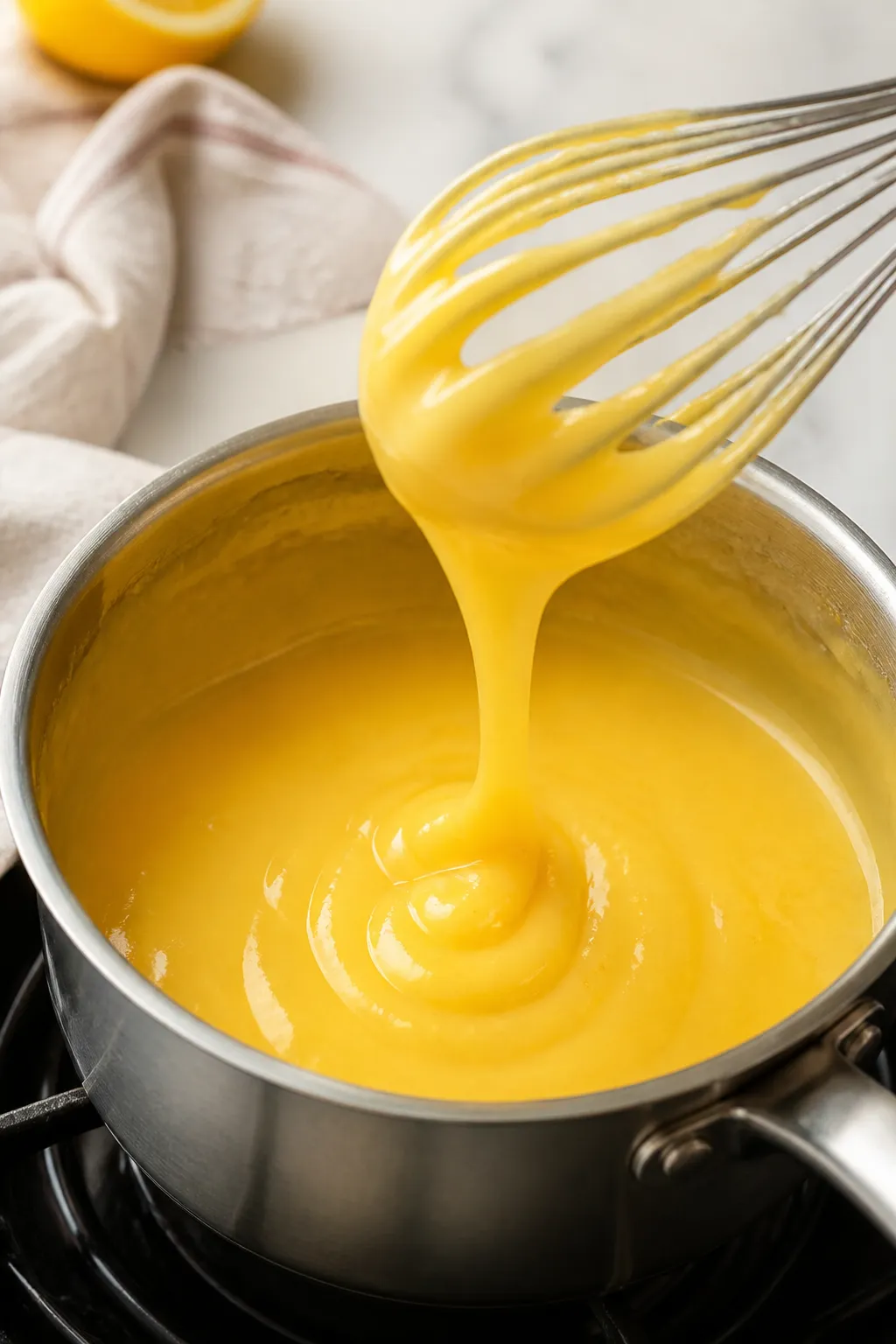 Close-up detail, cooking process: Silky low-carb lemon curd just off the stove being whisked to a gl