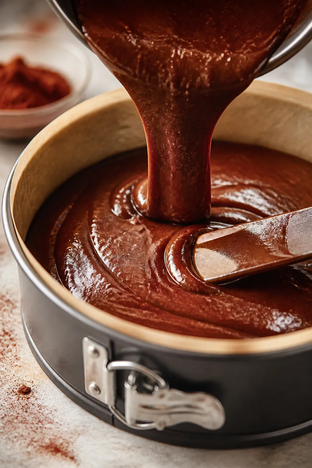 Close-up detail, cooking process: Thick, glossy keto chocolate torte batter being poured into an 8-i