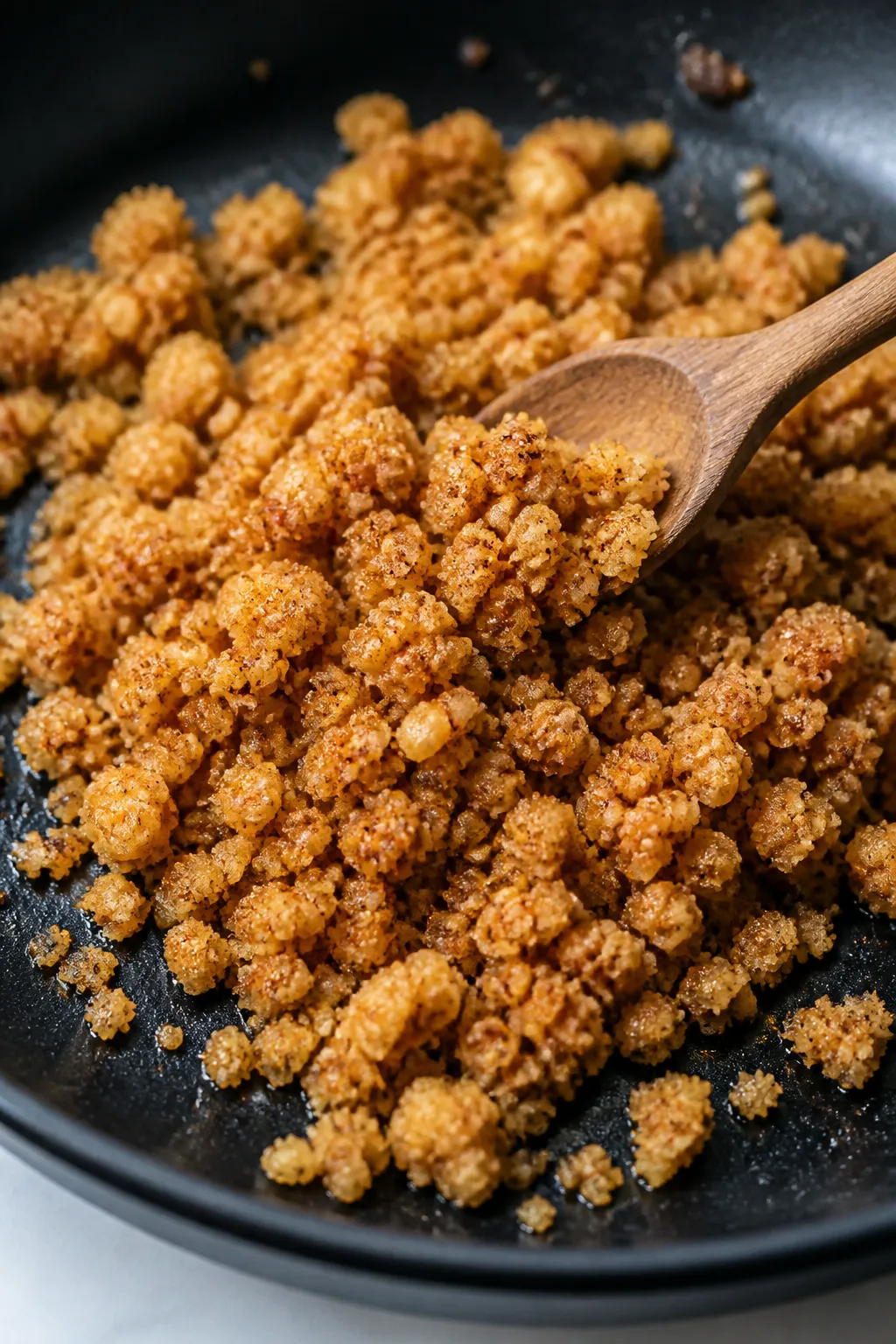 Close-up detail, cooking process: Toasted almond “crumble” for keto pumpkin mousse parfaits cool