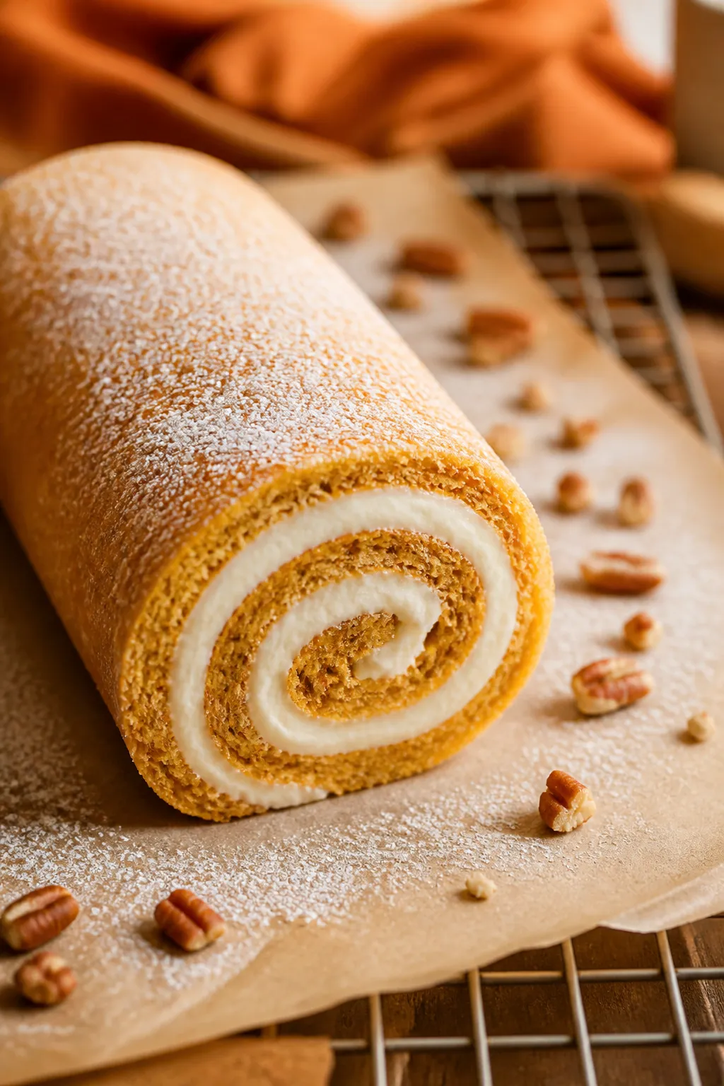 Close-up detail, cooking process: Warm pumpkin almond-flour sheet being tightly rolled into a log wi