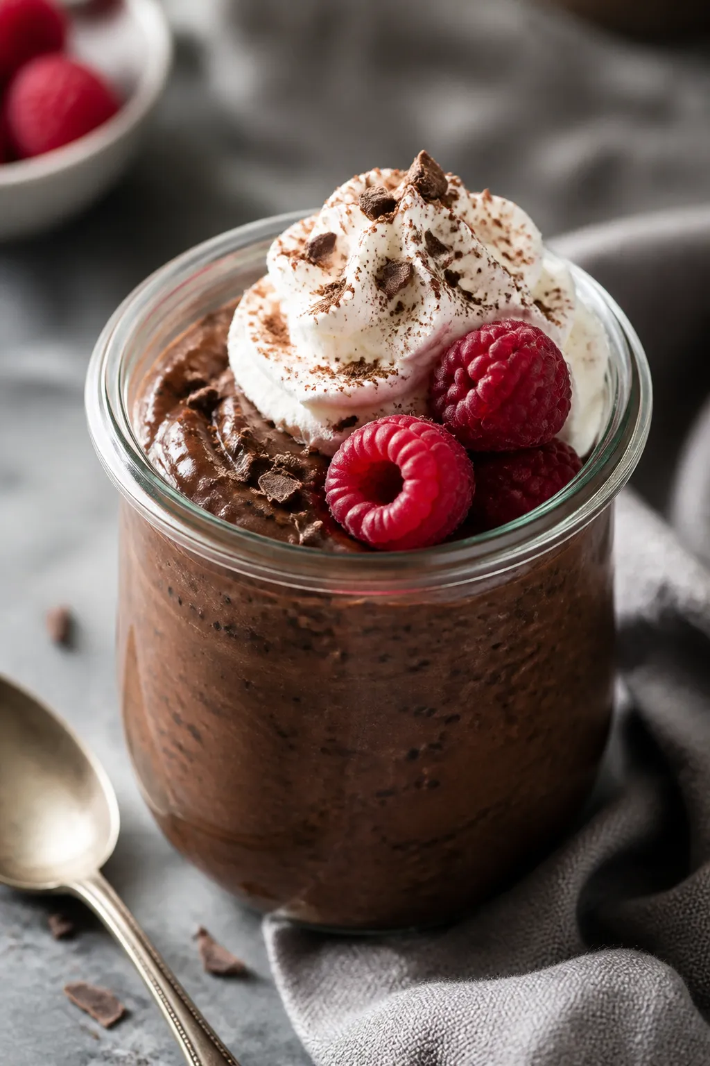 Close-up detail, final presentation: A silky low carb chocolate protein pudding swirled into a small