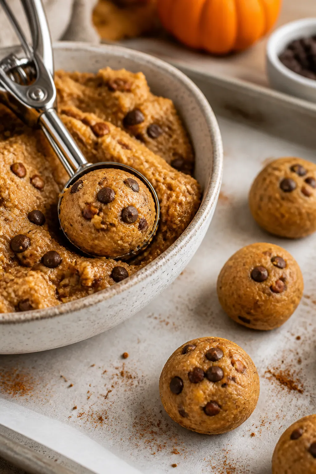 Close-up detail, no-bake process: A chilled mixing bowl of soft, spiced pumpkin cookie dough being s