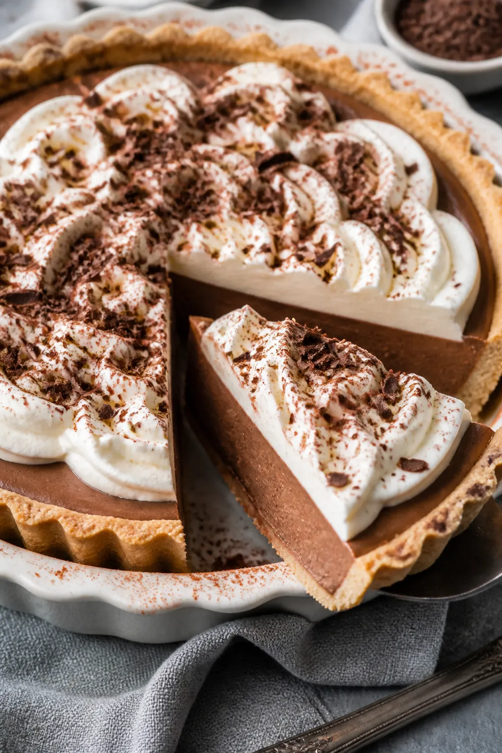 Close-up detail of a freshly sliced Low Carb Chocolate Cream Pie, silky chocolate custard filling se