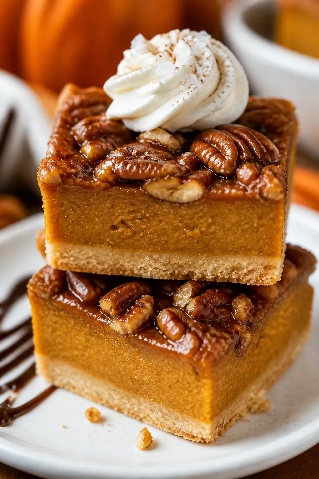 Close-up detail of a plated Keto Pumpkin Pecan Pie Bar on a small white dessert plate, one square st