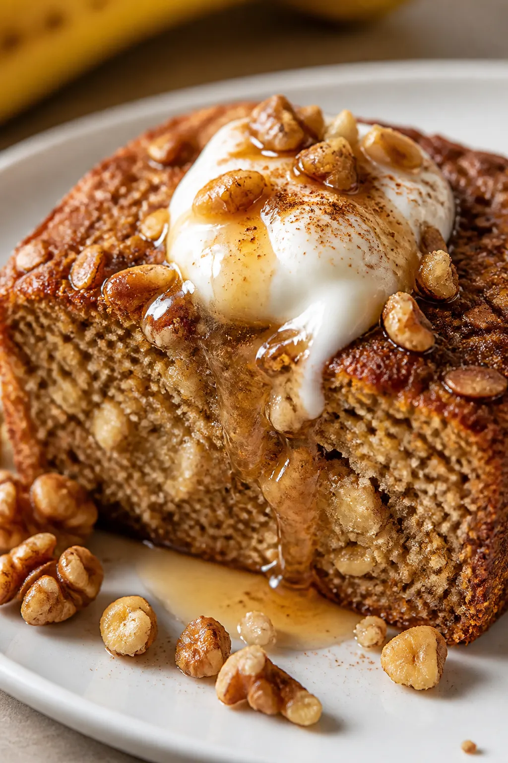 Close-up detail of a plated slice of high-protein banana bread baked oats on a matte white plate, te