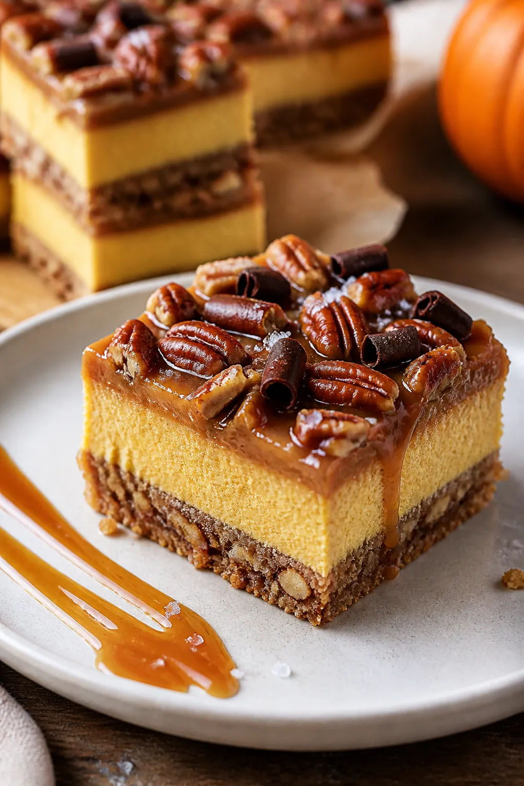 Close-up detail of a single bar plated, showcasing the distinct layers: tender almond crust, creamy 