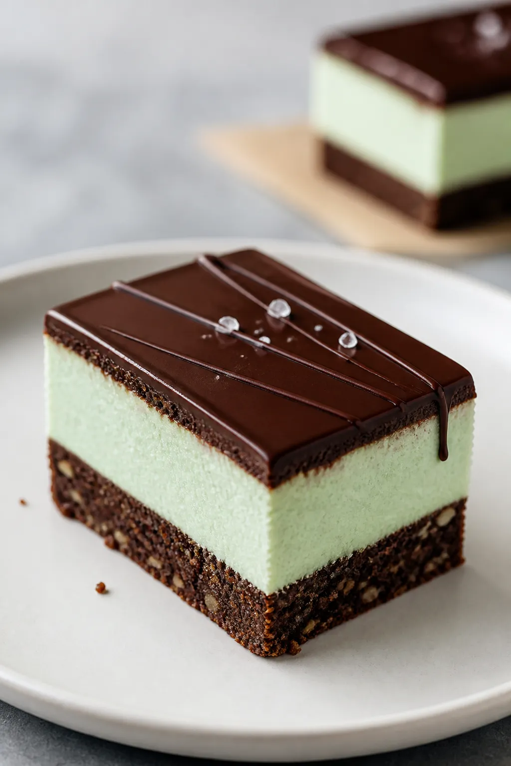 Close-up detail of a single plated cheesecake bar on a matte white dessert plate, angled 3/4 view to