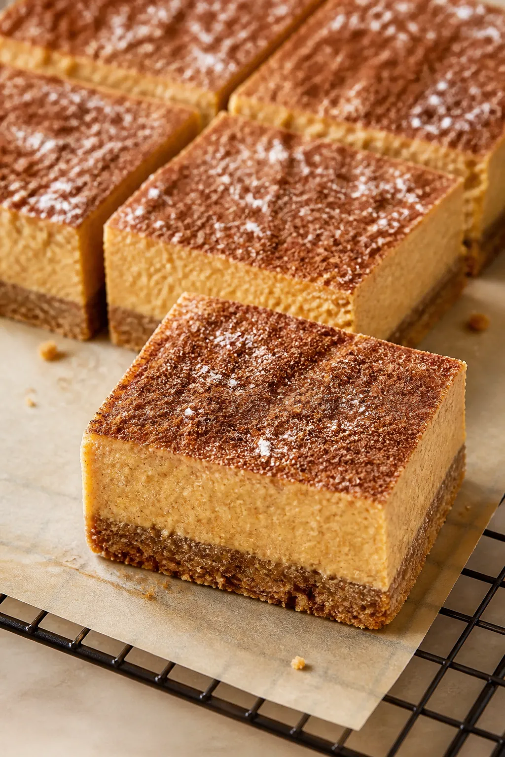 Close-up detail of a sliced Keto Pumpkin Churro Cheesecake Bar just after chilling, showing a define