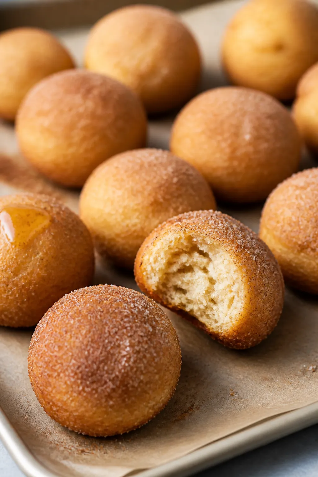 Close-up detail of freshly baked low-calorie protein donut holes just out of the oven, golden and so