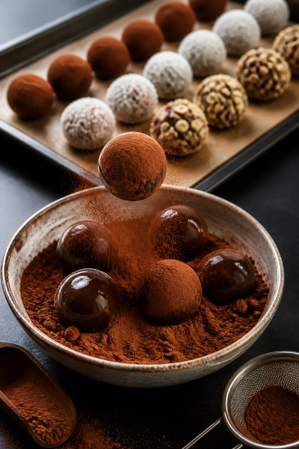 Close-up detail of freshly rolled keto chocolate truffles being coated: a shallow bowl of sifted uns