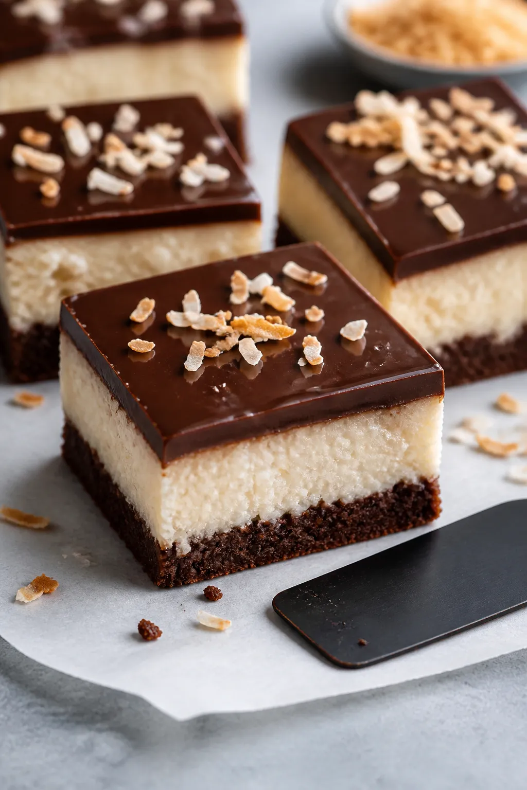 Close-up detail of freshly sliced Low Carb Chocolate Coconut Cheesecake Bars on parchment after chil