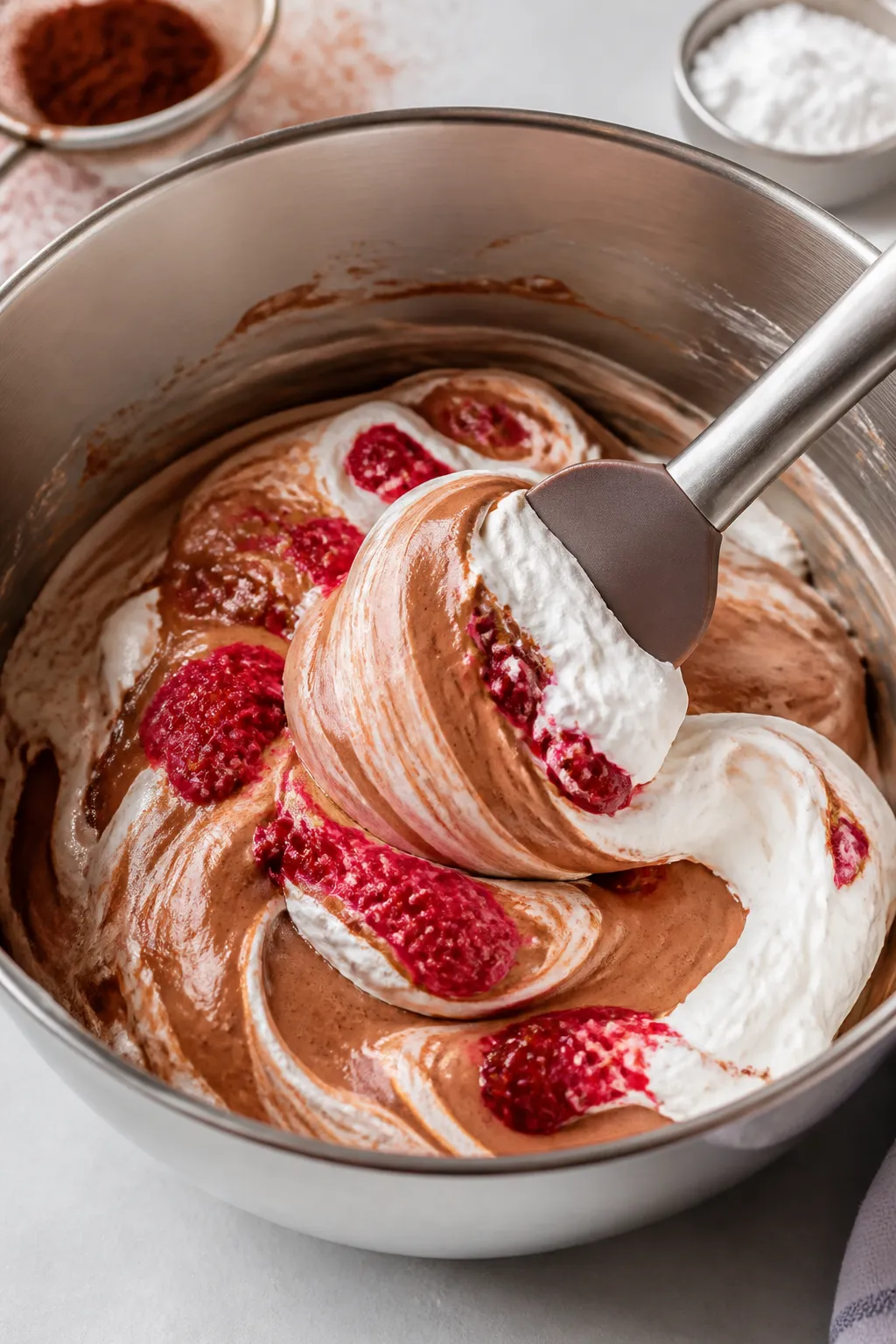Close-up detail of keto chocolate raspberry mousse during the folding stage: a glossy chocolate-crea