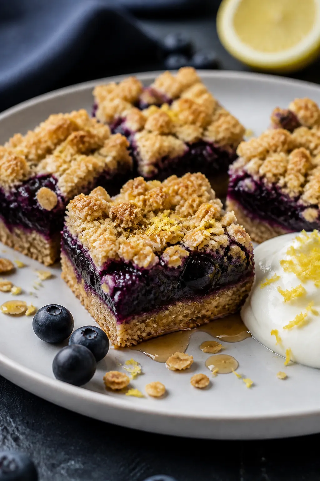 Close-up detail of sliced blueberry crumble bars on a matte white plate, clean square cuts showing d