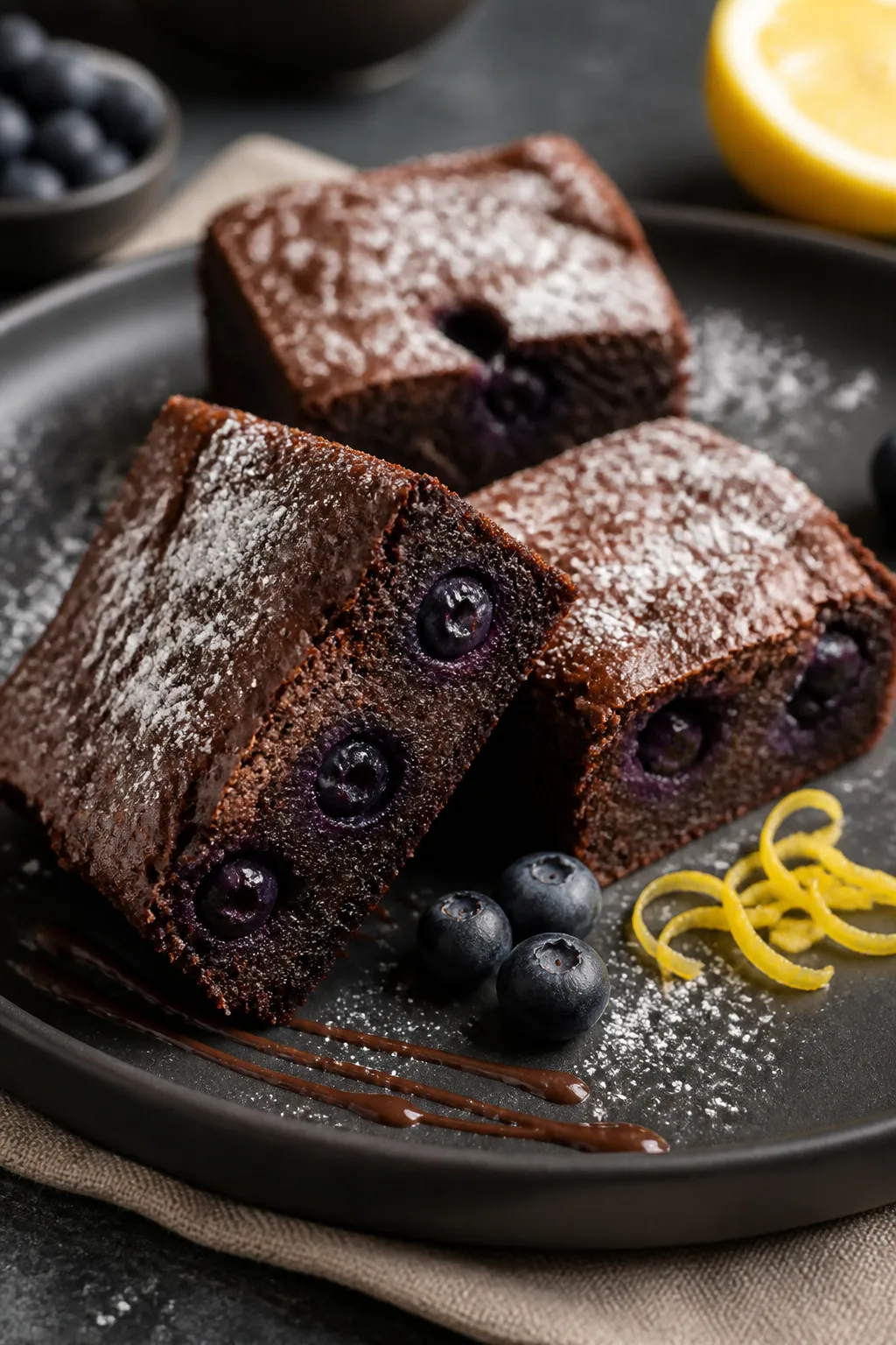 Close-up detail of sliced brownies on a matte black dessert plate, one square tilted to reveal dense