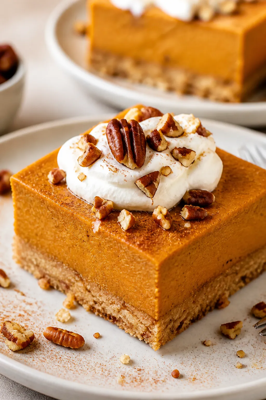 Close-up detail of sliced low carb pumpkin pie bars plated for serving: neat square cut with sharp e