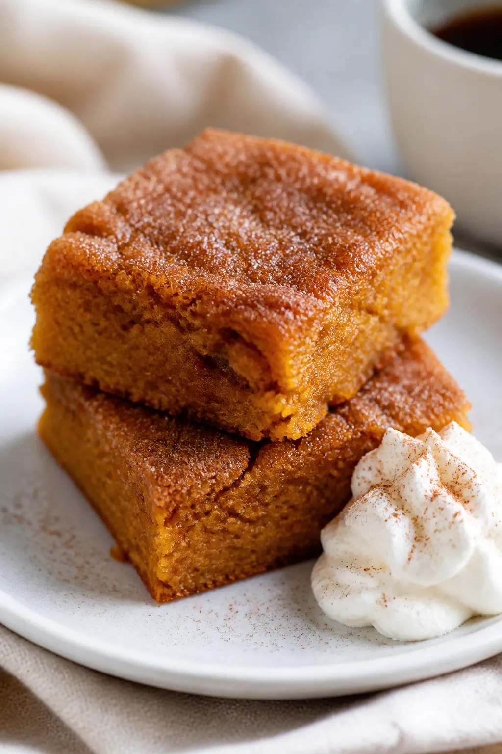Close-up detail of sliced Low Carb Pumpkin Snickerdoodle Bars plated for serving: two neat squares s