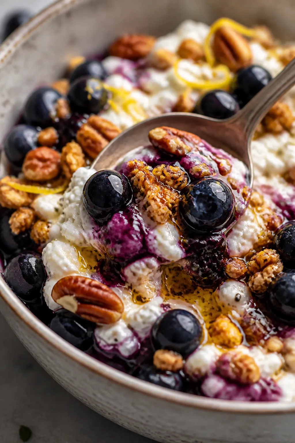 Close-up detail of the final, fully plated Cottage Cheese Blueberry Breakfast Bowl: spoon gently sco