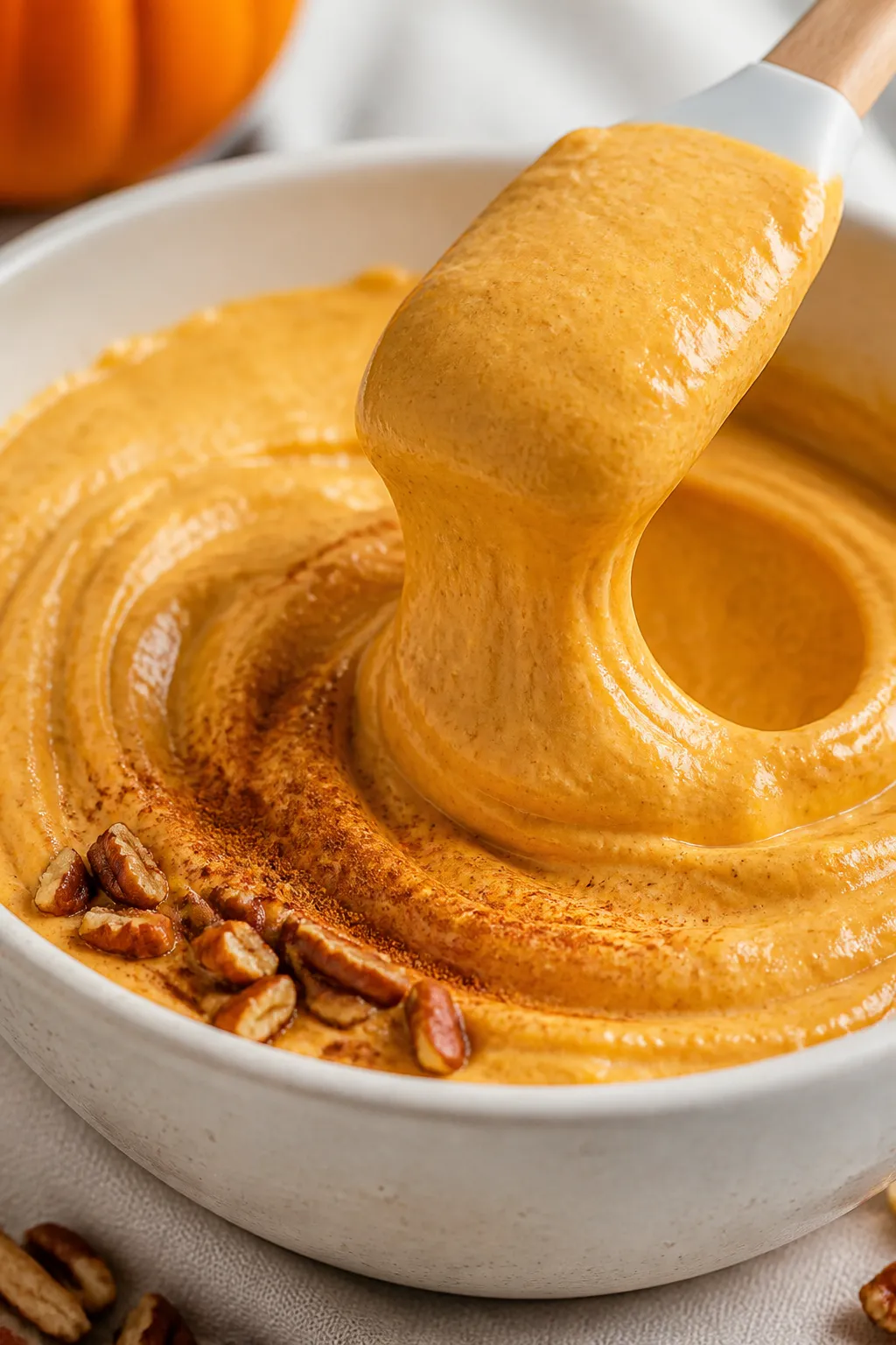 Close-up detail of the finished Low Carb Pumpkin Cheesecake Dip being folded to airy perfection: a s