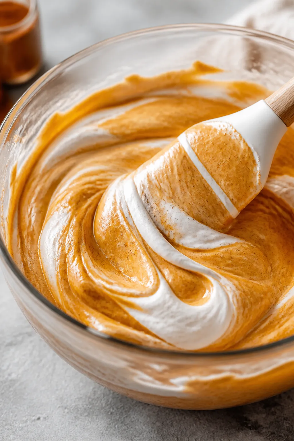 Close-up detail/process shot: A chilled glass bowl with silky pumpkin spice mousse being gently fold