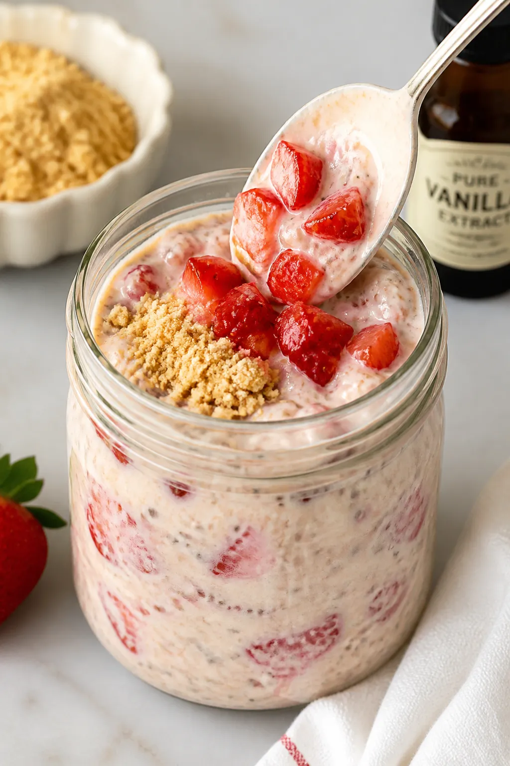 Close-up detail, process shot: A glass jar being filled with creamy strawberry shortcake overnight o