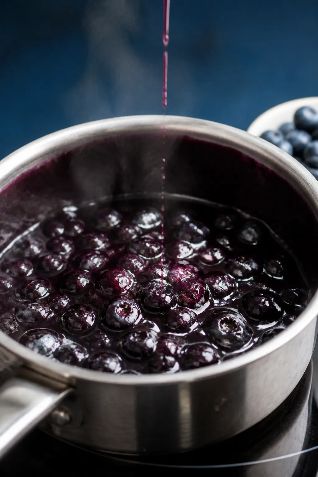 Close-up detail, process shot: A small saucepan on a clean stovetop with the blueberry layer just fi