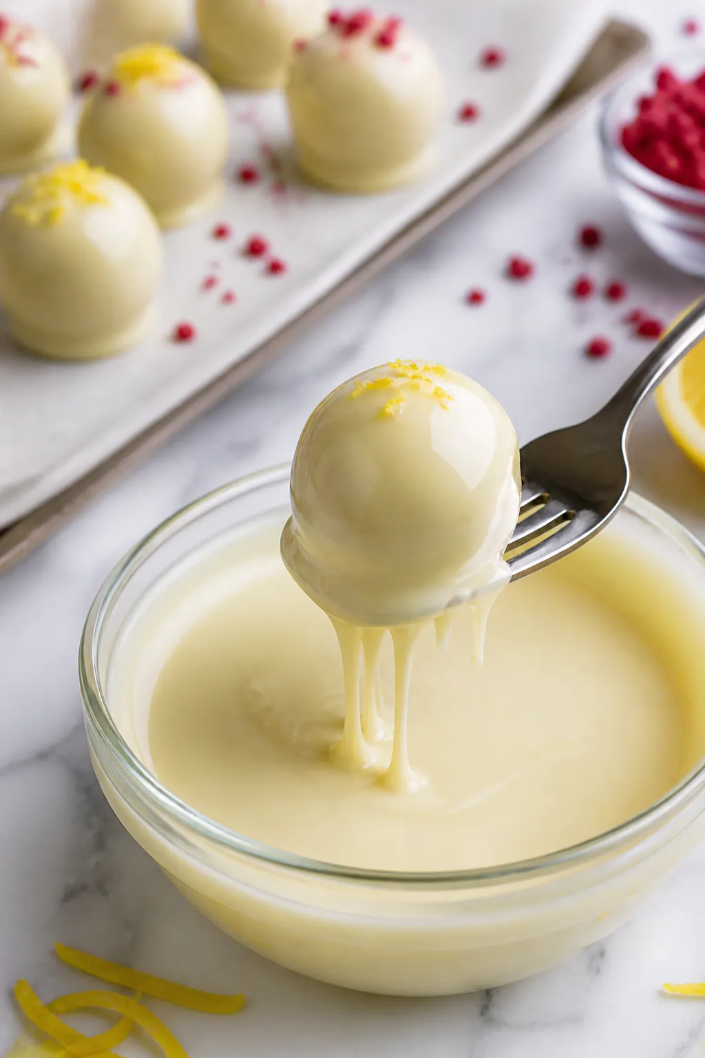 Close-up detail, process shot: Chilled keto lemon truffles being dipped one-by-one into a glossy bow