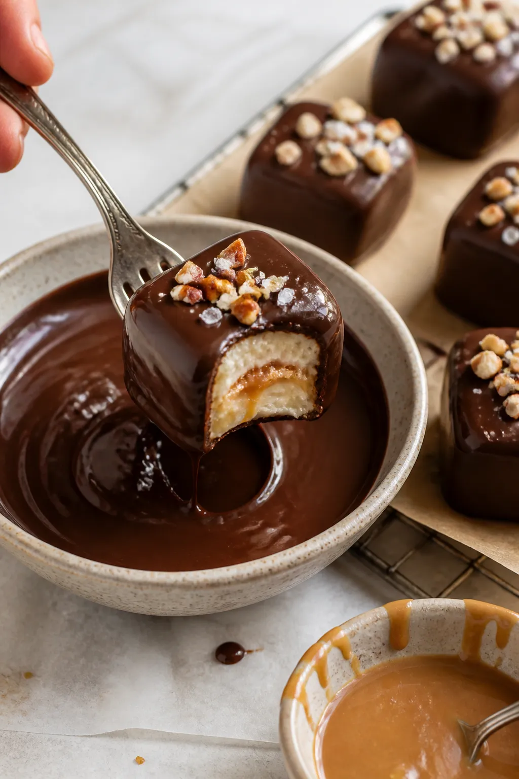 Close-up detail/process shot: Frozen cheesecake-caramel centers being dipped into glossy melted suga
