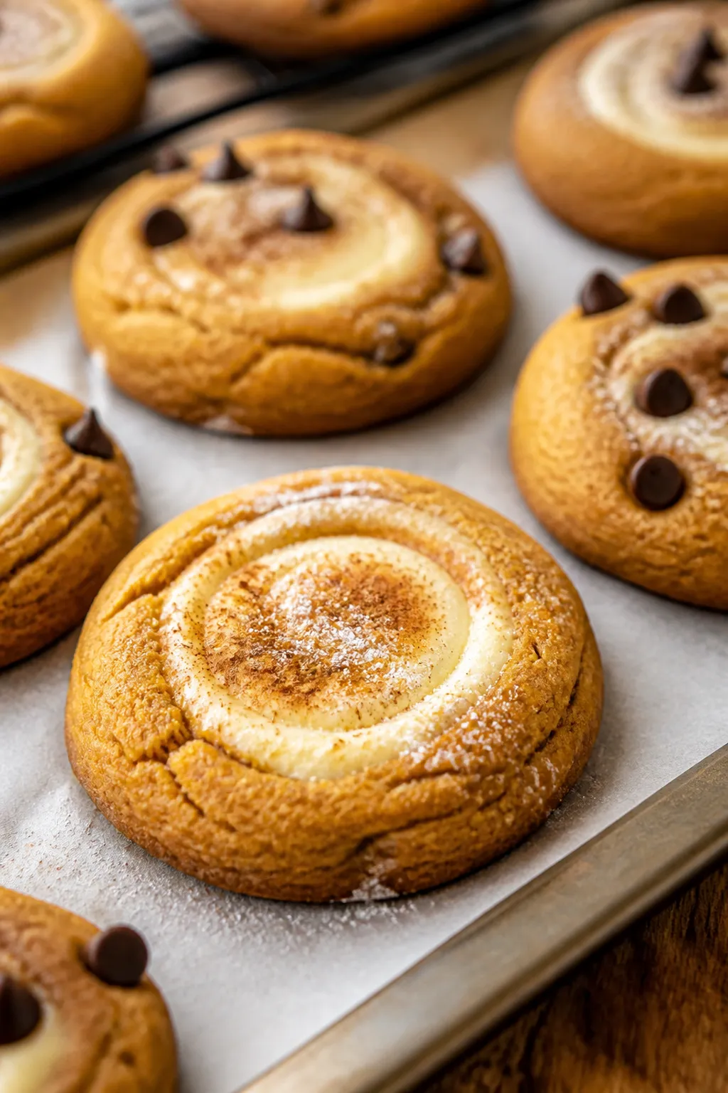 Close-up detail/process shot: Keto Pumpkin Cheesecake Cookies just out of the oven on a parchment-li