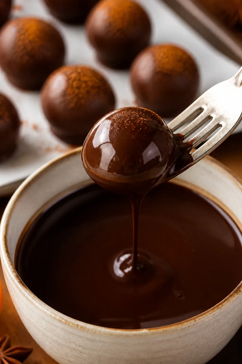 Close-up detail, process shot: Keto pumpkin truffle being dipped in glossy, melted sugar-free dark c