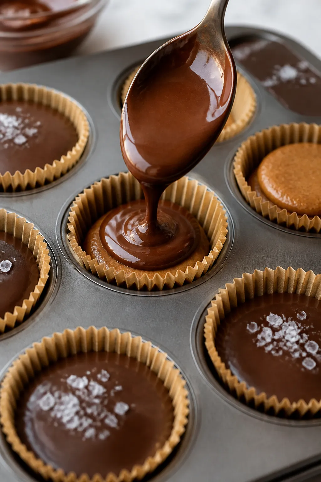Close-up detail/process shot: Melted sugar-free dark chocolate being spooned to seal keto chocolate 