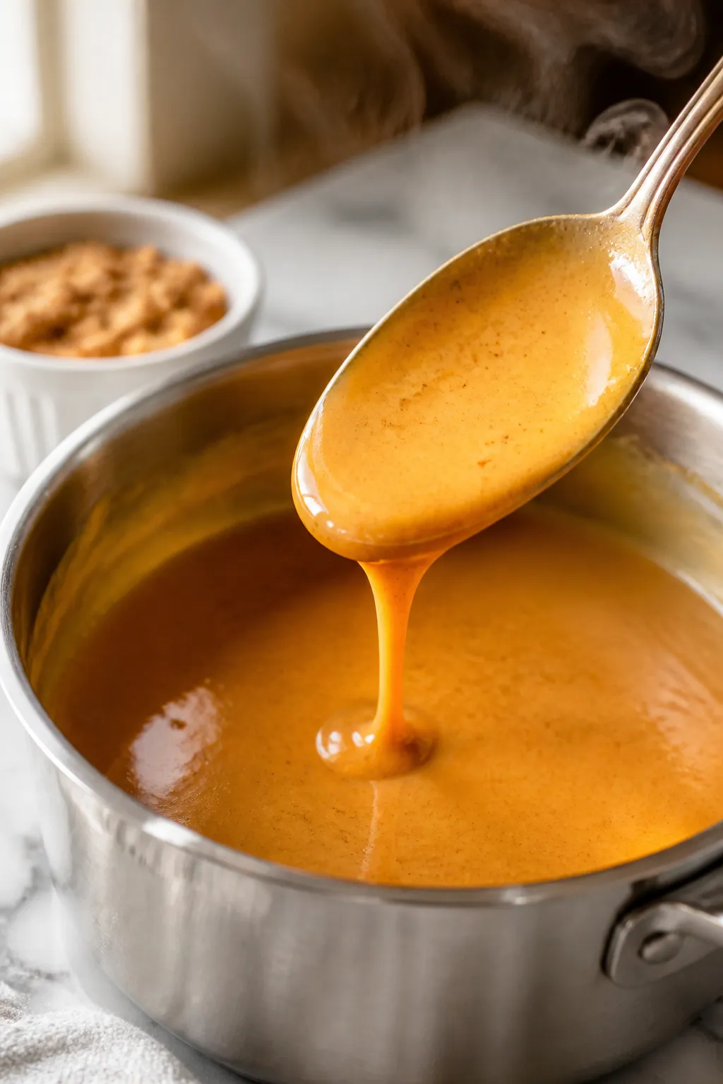 Close-up detail, process shot: Silky pumpkin custard base being tempered and thickened in a stainles