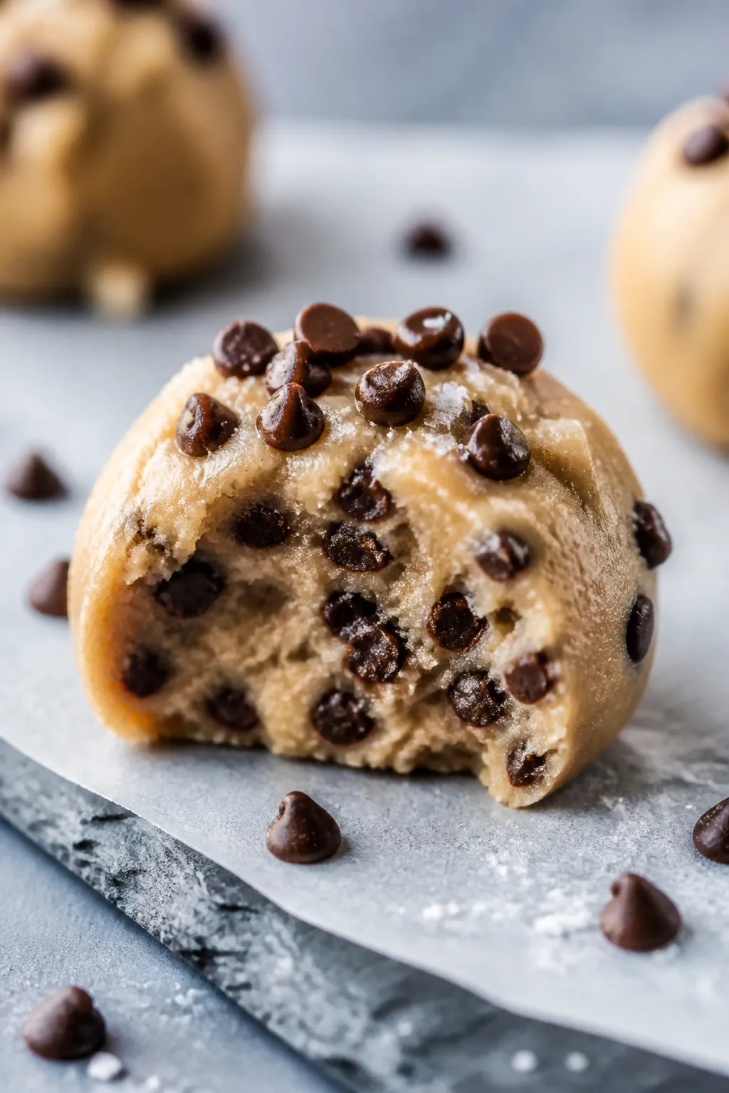 Close-up detail shot: A chilled Low Carb Chocolate Chip Cookie Dough Bite held in place on a parchme