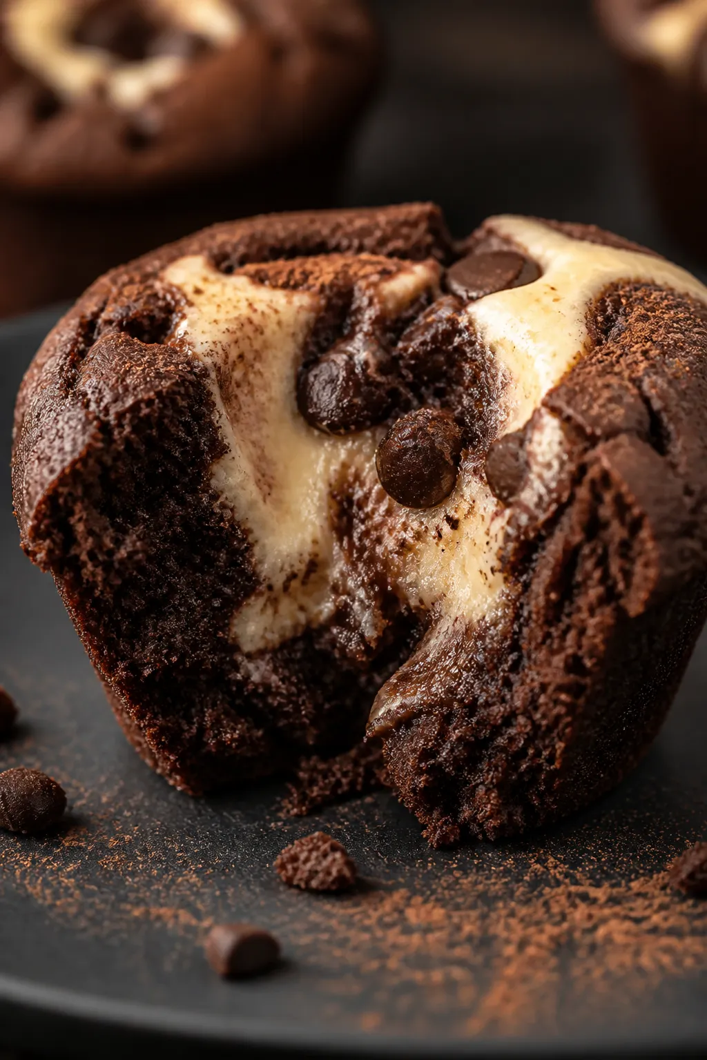 Close-up detail shot: A freshly baked low carb chocolate cream cheese muffin torn open to reveal the