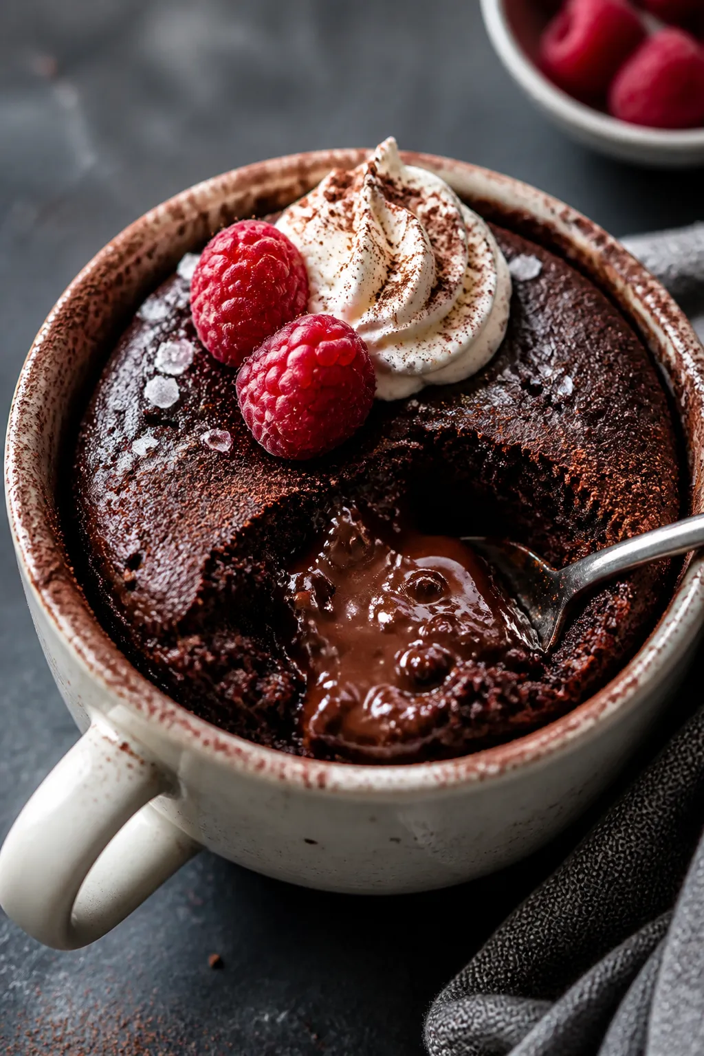 Close-up detail shot: a freshly microwaved low-carb chocolate lava mug cake in a 10–12 oz ceramic 