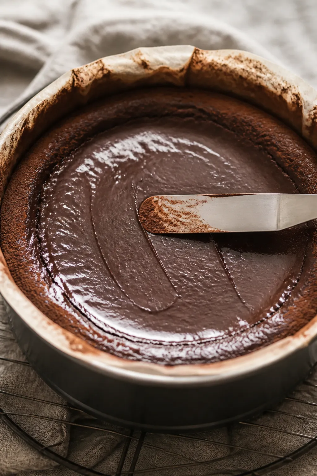 Close-up detail shot: A just-baked low carb flourless chocolate almond cake still in the 8-inch roun