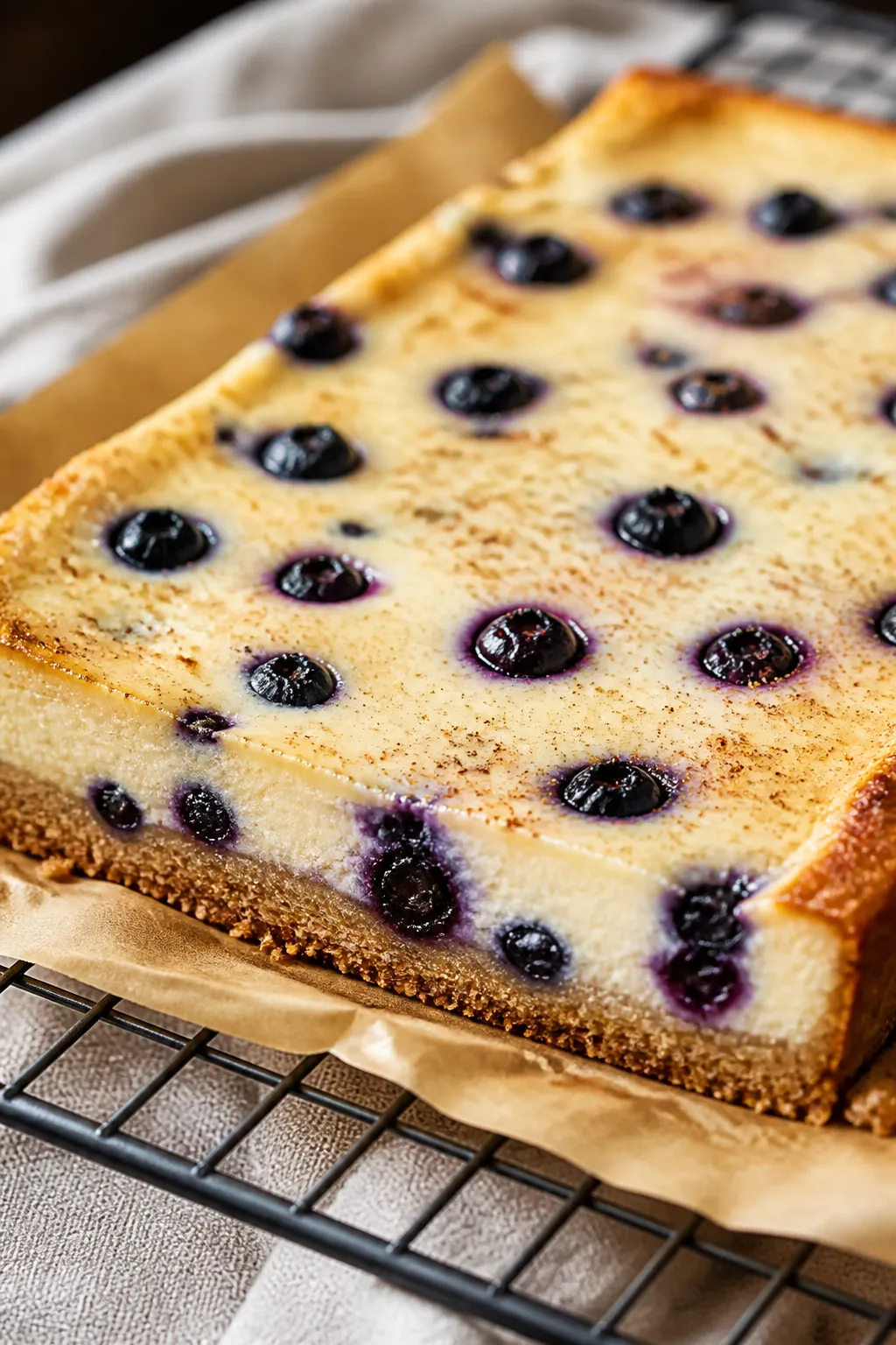 Close-up detail shot: A just-baked pan of Low Carb Blueberry Cottage Cheese Bars cooling on a wire r