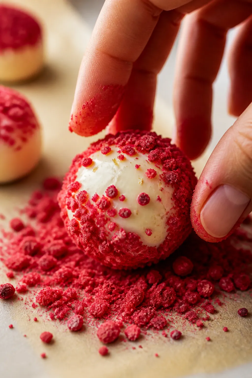 Close-up detail shot: A just-set lemon cream cheese fat bomb being rolled in a coating of crushed fr