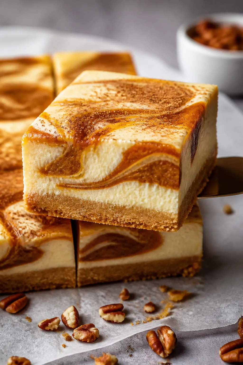 Close-up detail shot: A just-sliced Keto Pumpkin Butter Cheesecake Square lifted from the parchment-