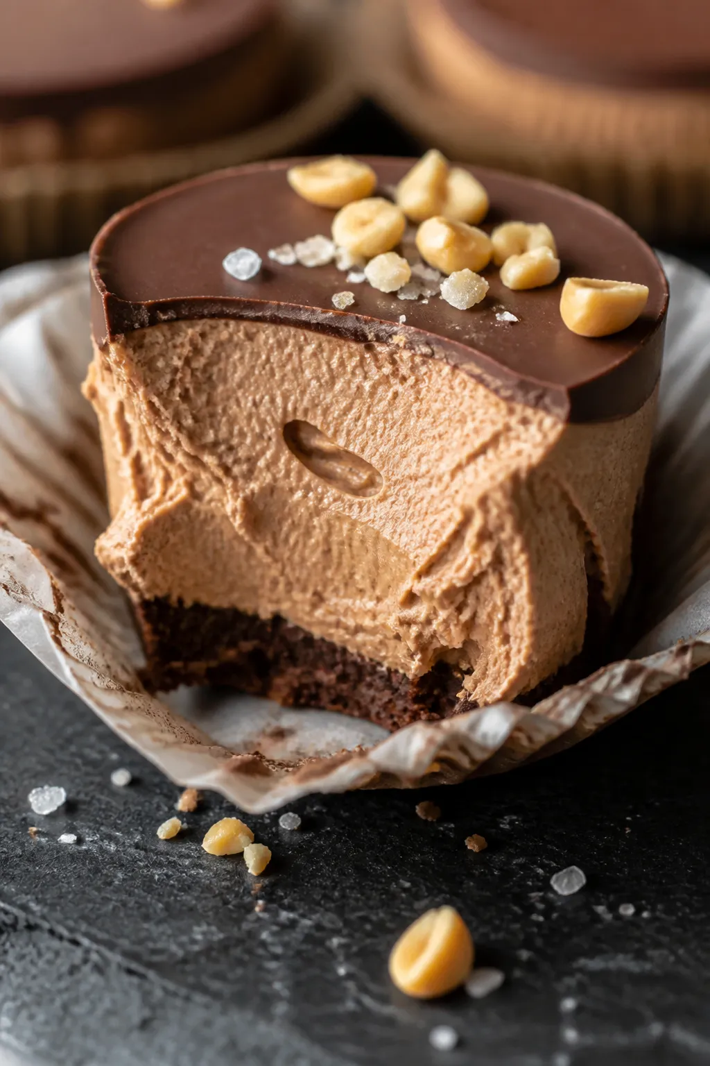 Close-up detail shot: A keto chocolate peanut butter mousse cup halfway unwrapped from its paper lin