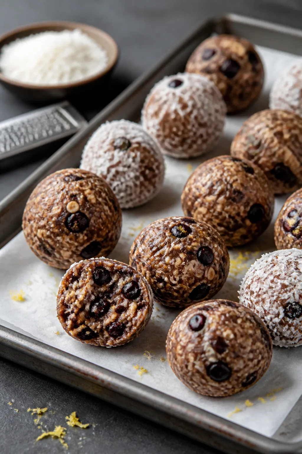 Close-up detail shot: A tray of freshly rolled blueberry protein balls on parchment after chilling, 