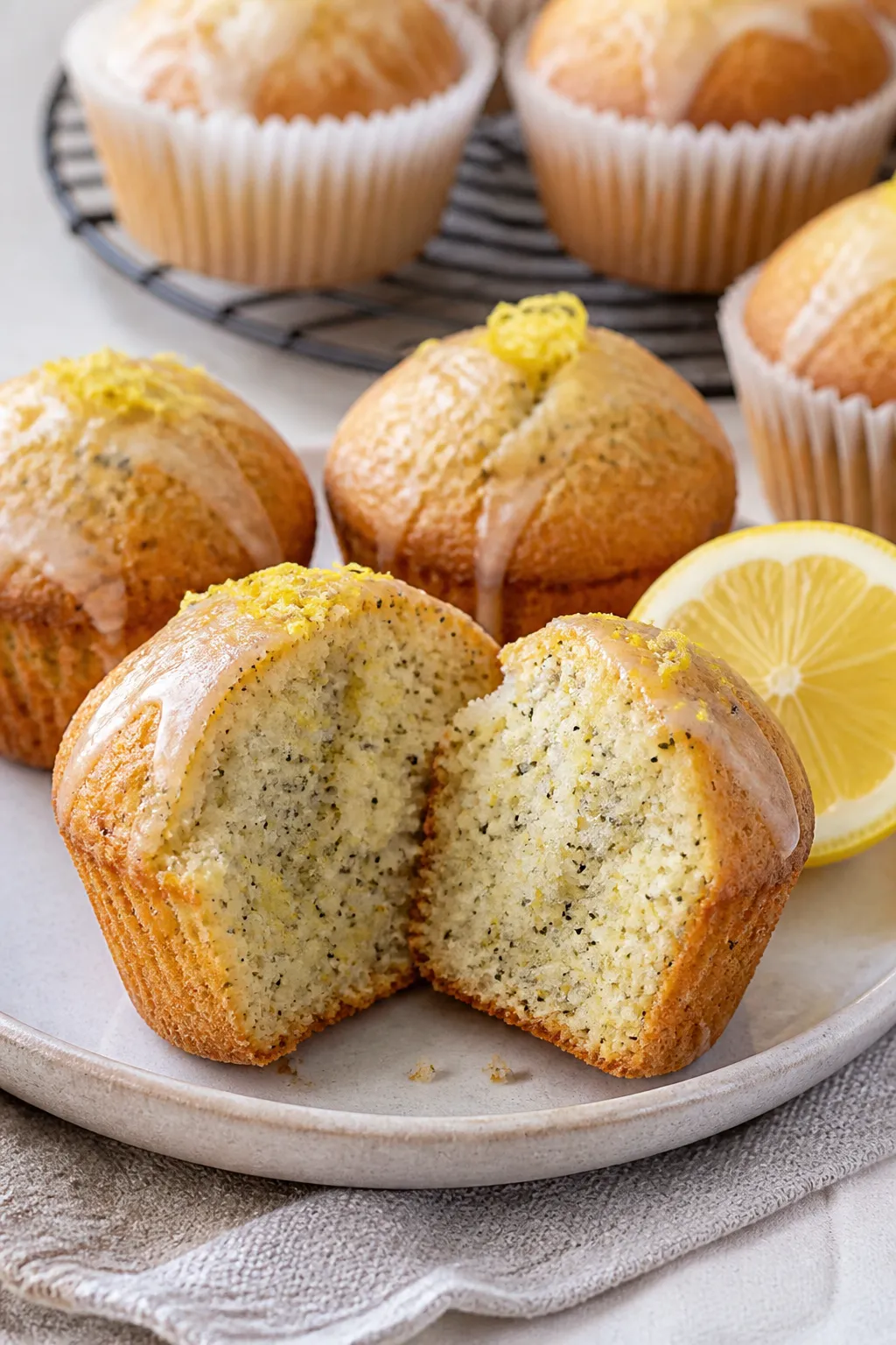 Close-up detail shot: freshly baked low carb lemon poppy seed muffins just out of the pan, one muffi