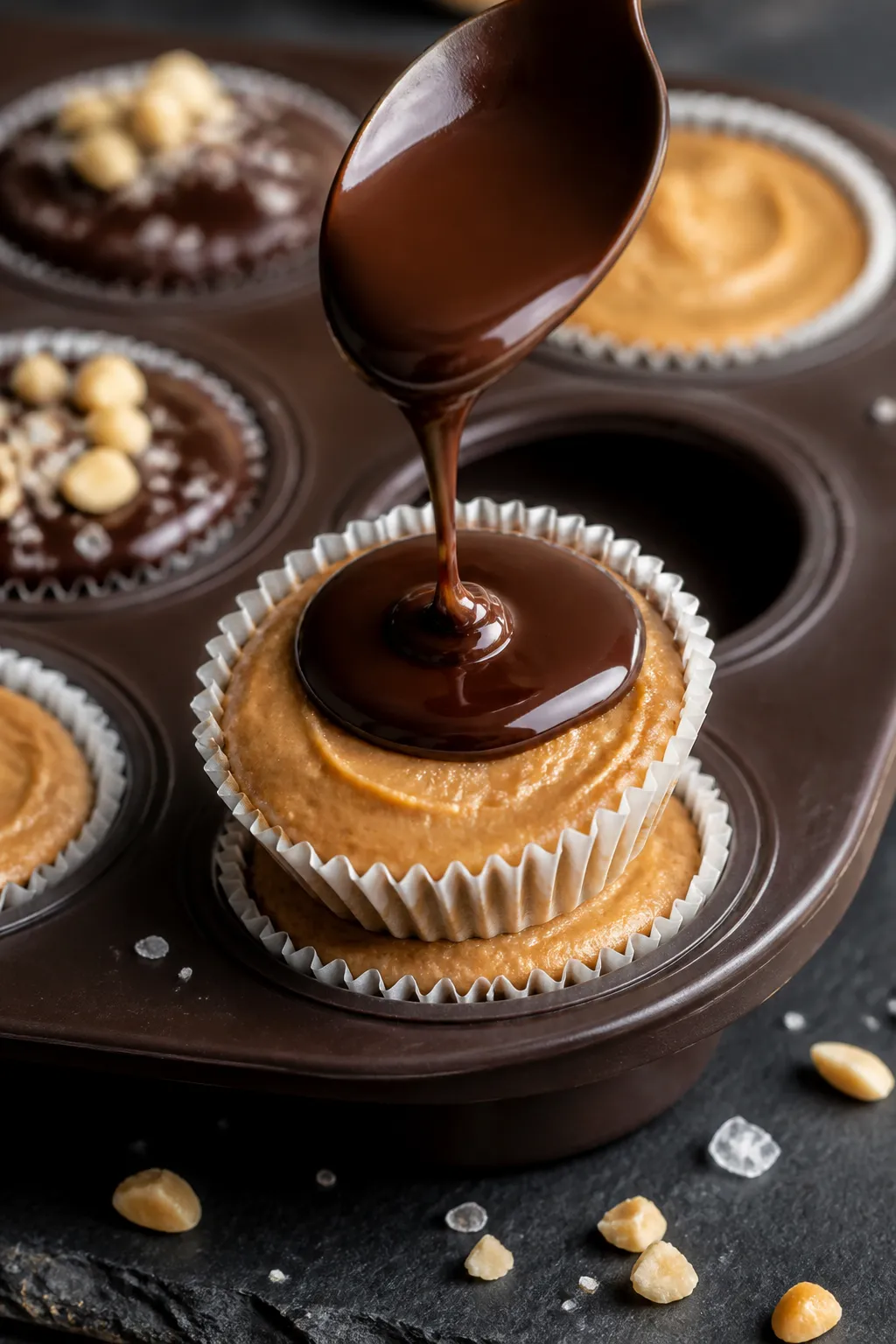 Close-up detail shot of a chilled mini keto peanut butter fat bomb being topped with a thin pour of 