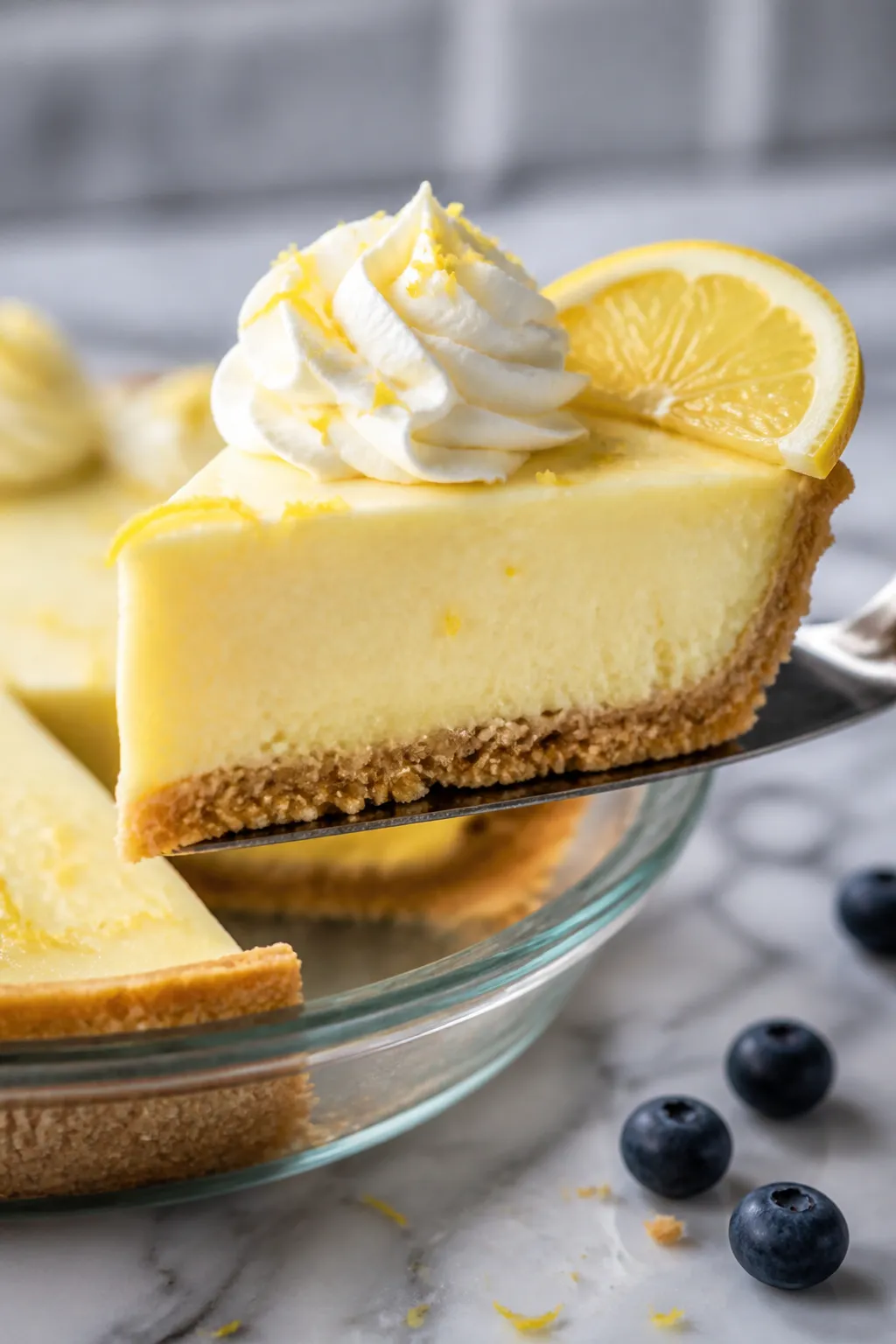 Close-up detail shot of a chilled slice of Sugar Free Lemon Icebox Pie being lifted from the pie dis