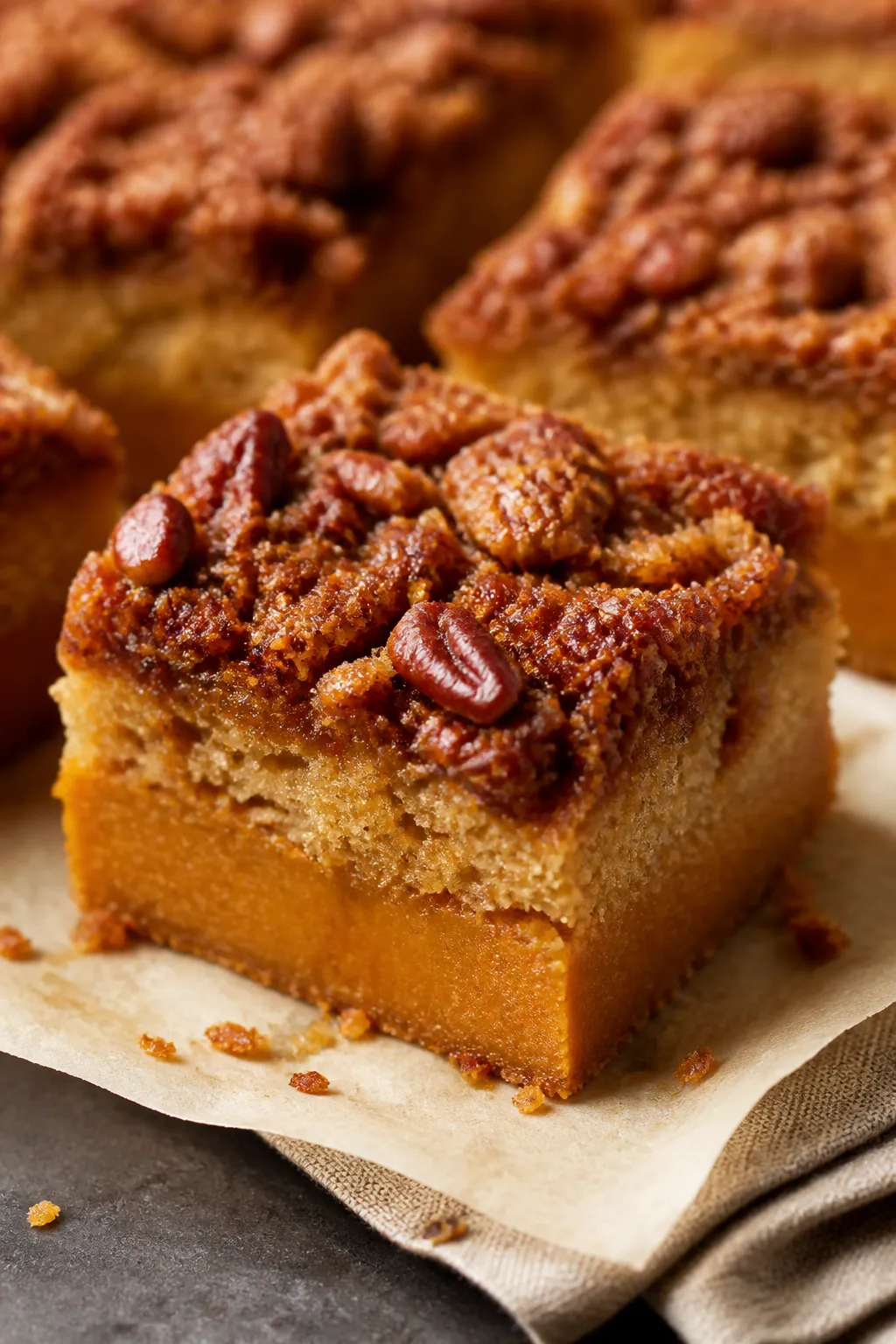 Close-up detail shot of a freshly baked Keto Pumpkin Crunch Cake square just cut from the pan, showc