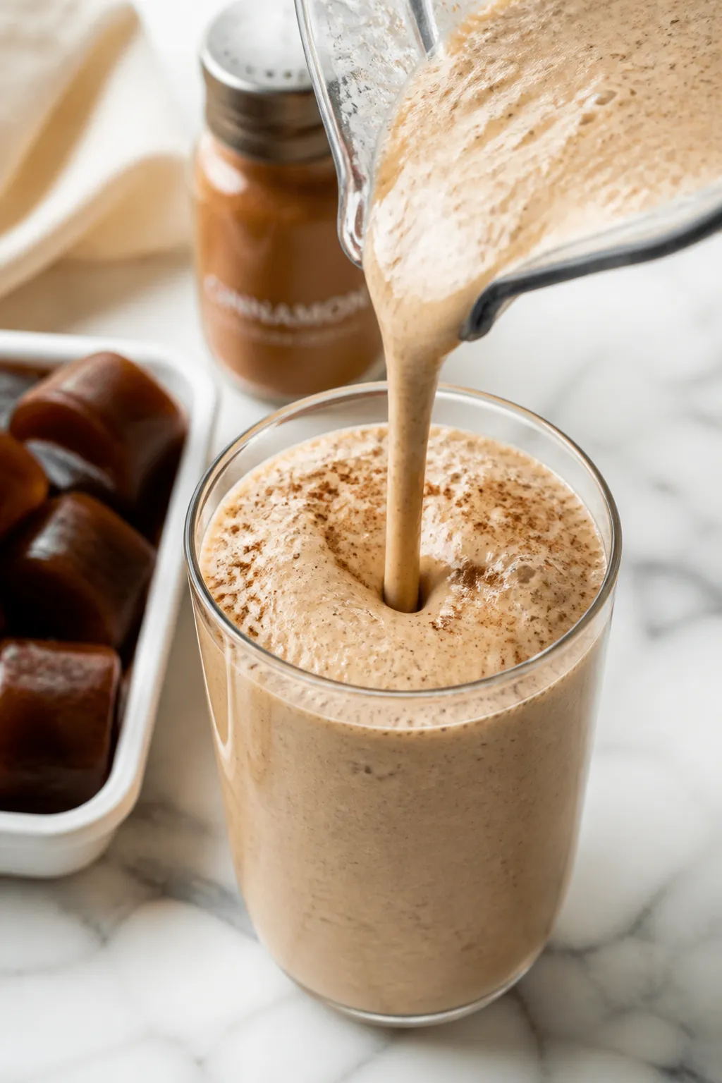 Close-up detail shot of a freshly blended low-calorie protein coffee smoothie being poured from a bl