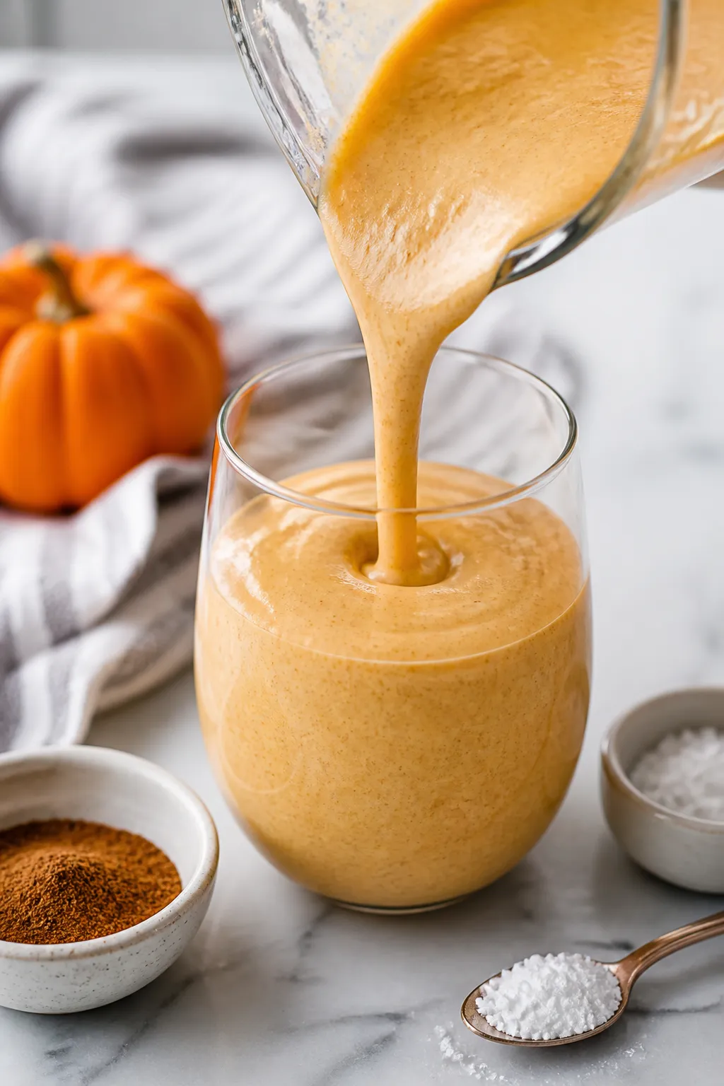 Close-up detail shot of a freshly blended low carb pumpkin pie milkshake being poured from a frosty 