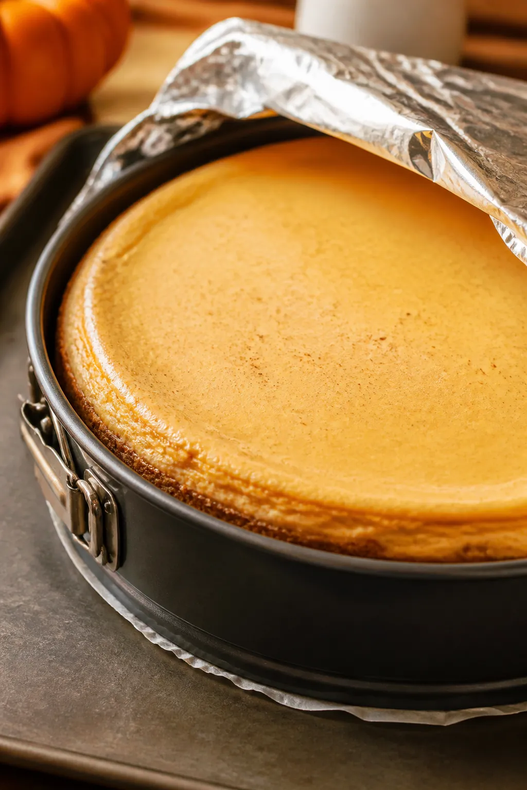 Close-up detail shot of a just-baked low carb pumpkin protein cheesecake resting in a 9-inch springf
