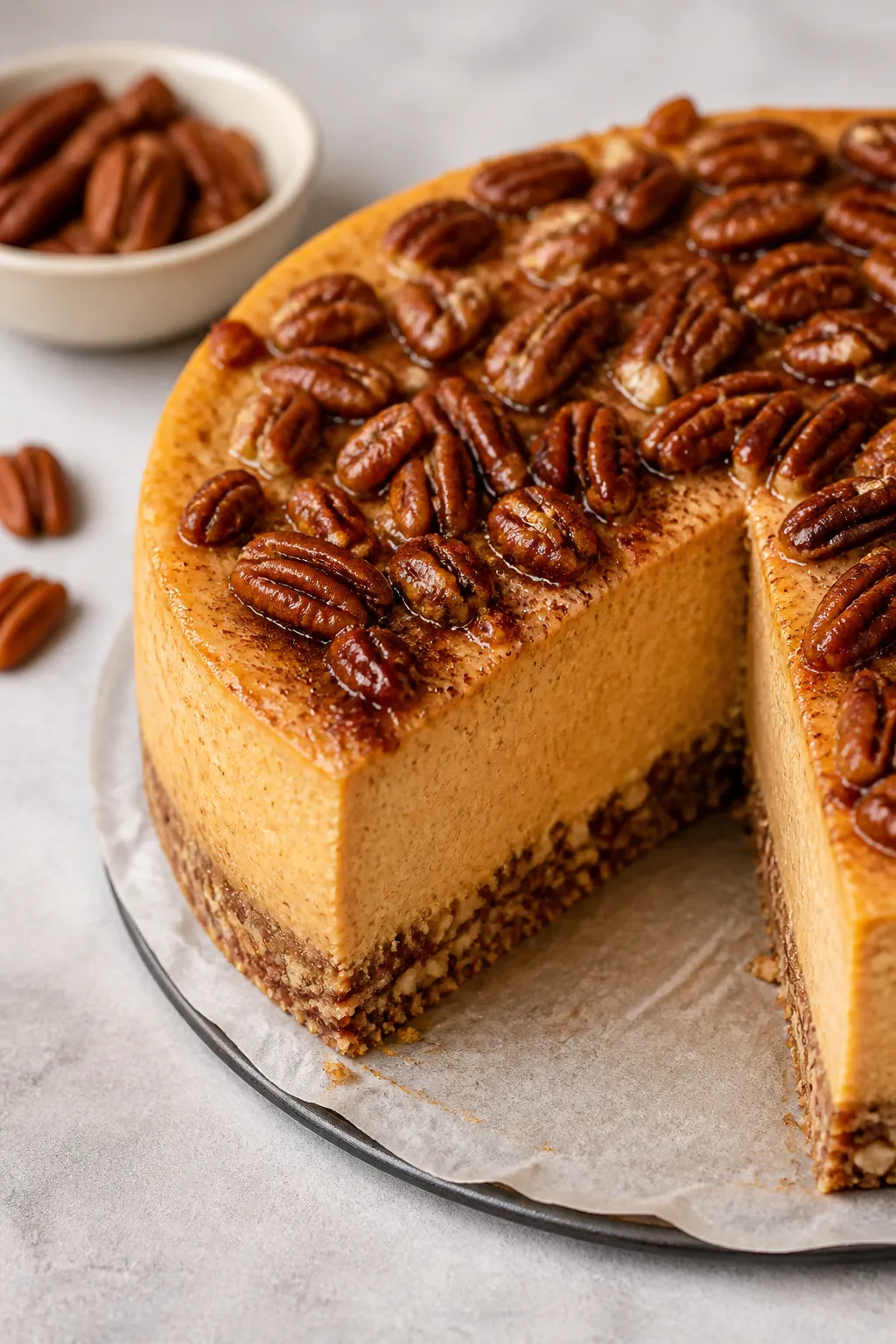 Close-up detail shot of a just-sliced Low Carb Pumpkin Pecan Cheesecake on a parchment-lined springf
