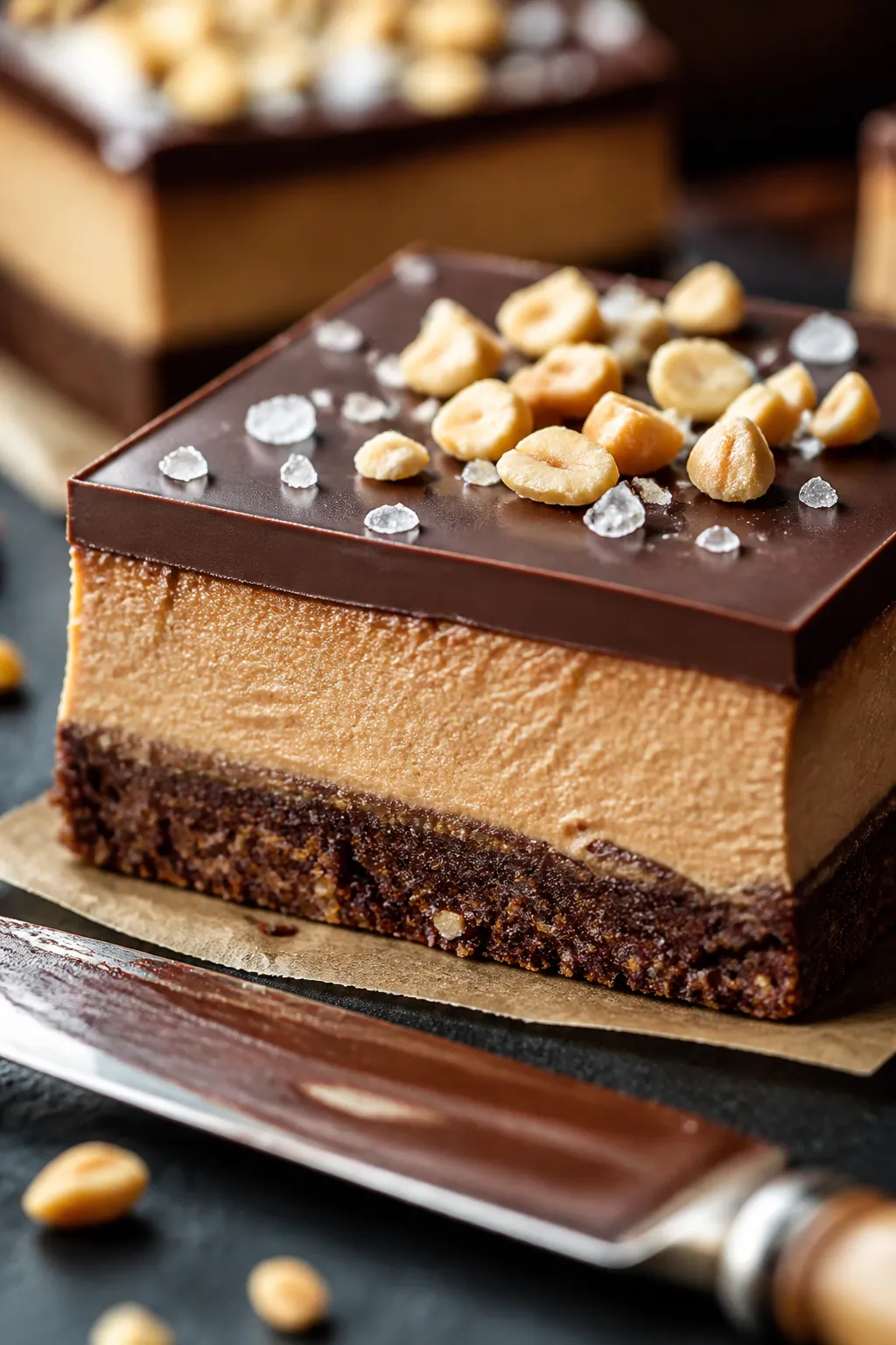 Close-up detail shot of a sliced Keto Chocolate Peanut Butter Cheesecake Bar showing sharp, clean la